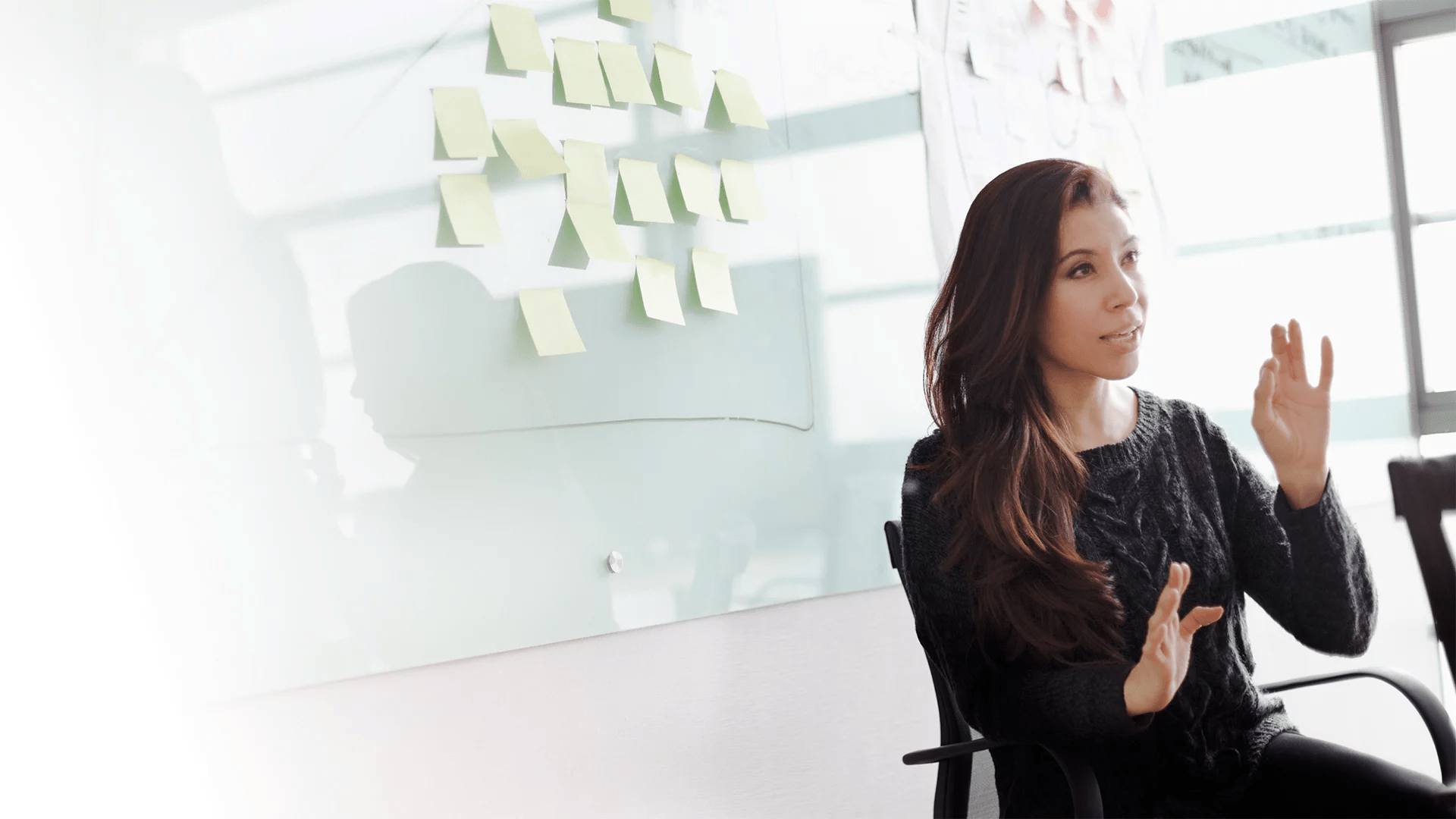 Woman presenting with whiteboard of sticky notes